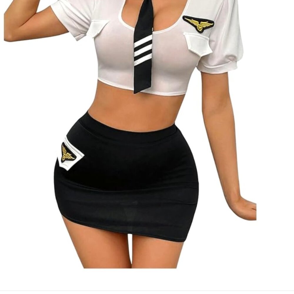Women's 3 Piece Costume Sexy Lingerie Set Cut Out Puff Short Sleeve Crop Top S